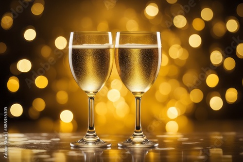 Champagne glasses on a blurred golden bokeh background. Celebration concept