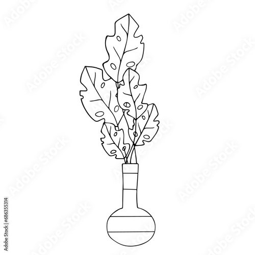 Linear sketch of indoor plants, tropical leaves in a flowerpot.Vector graphics.