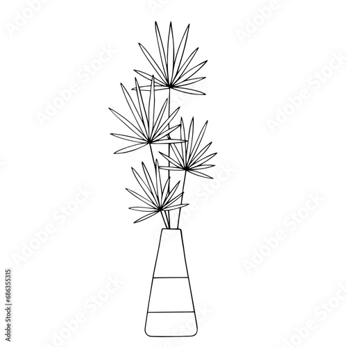 Linear sketch of indoor plants, tropical leaves in a flowerpot.Vector graphics.
