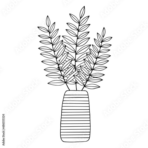 Linear sketch of indoor plants, tropical leaves in a flowerpot.Vector graphics.