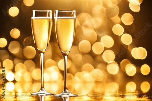 Champagne glasses on a blurred golden bokeh background. Celebration concept
