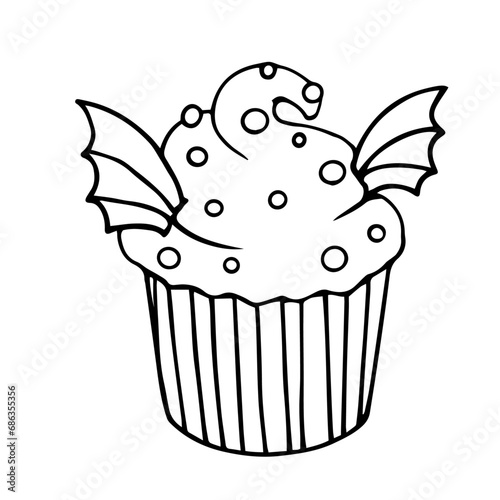 Linear sketch, doodles of themed holiday baking muffins for Halloween. Vector graphics.