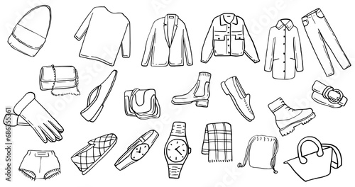 set of hand drawn vector ink fashion clothes accessories shirt, coat, watch, shoes, bag photo