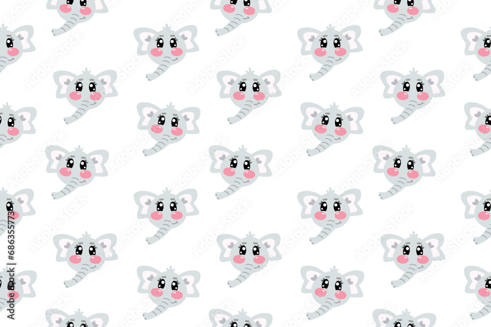 Fototapeta premium Seamless pattern with cartoon vector kawaii little cute elephant face or head for kids, baby, children nursery, fabrics