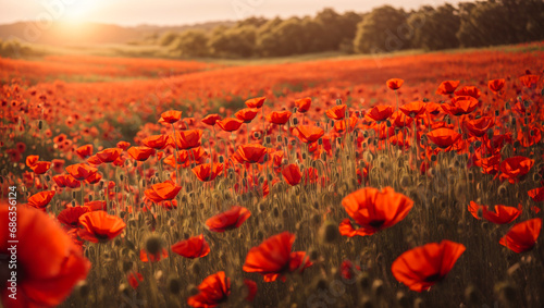 Beautiful field with poppies flowers