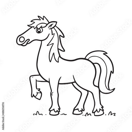 Carton horse, black and white illustration, and coloring page on a white background. line drawing style