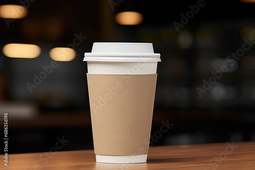 Paper takeaway beige coffee cup mockup in a cafe setting