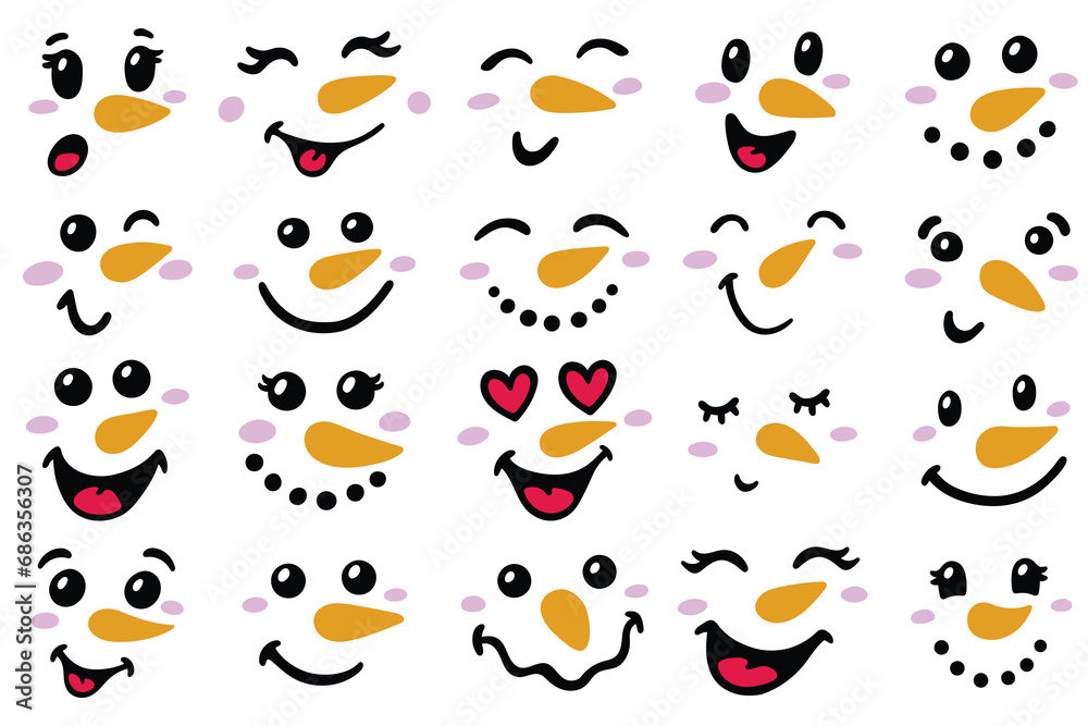 Cute snowman faces - vector collection. Christmas snowman heads