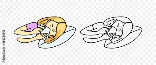 Sick girl or child blowing her nose or sneezing into handkerchief, graphic design. Disease, illness, sickness, virus and treatment, vector design and illustration