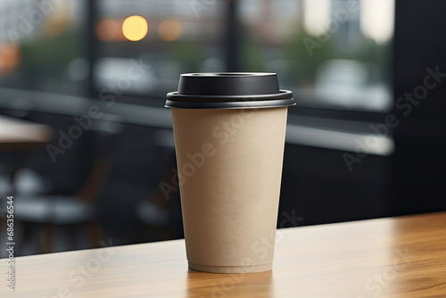 Paper takeaway coffee cup mockup in a cafe setting