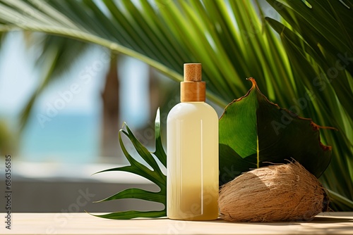 bottle with lotion or cream on a stone table against a background of palm leaves and coconut