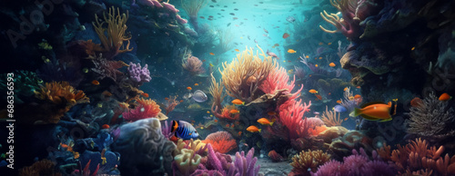 Tropical sea underwater fishes on coral reef. Aquarium oceanarium wildlife colorful marine panorama landscape nature snorkel diving. AI Generative. © Mix and Match Studio