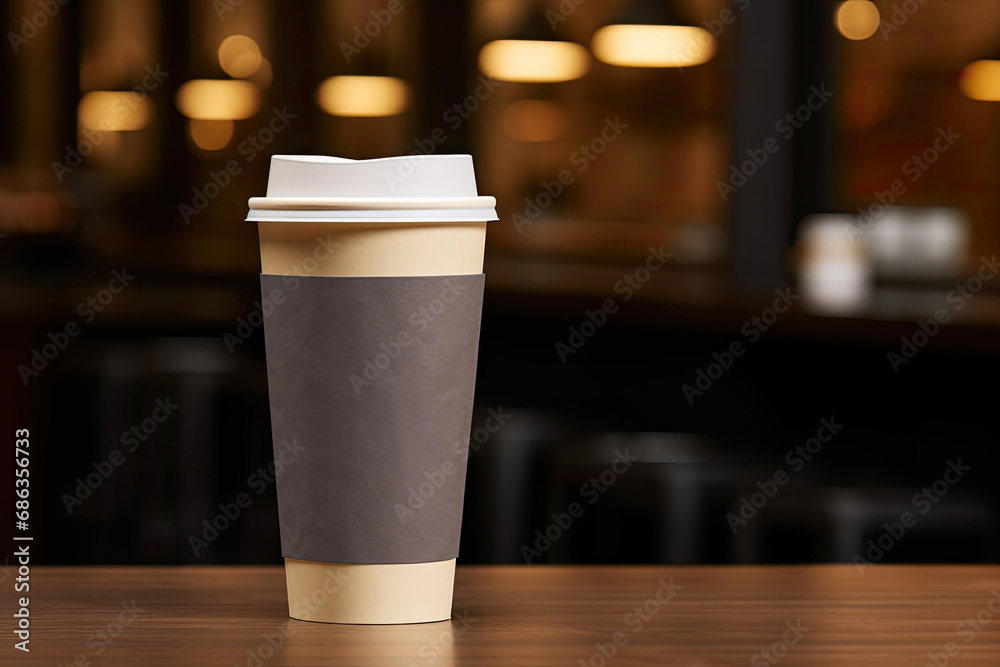 Paper takeaway coffee cup mockup in a cafe setting Paper takeaway coffee cup mockup in a cafe setting