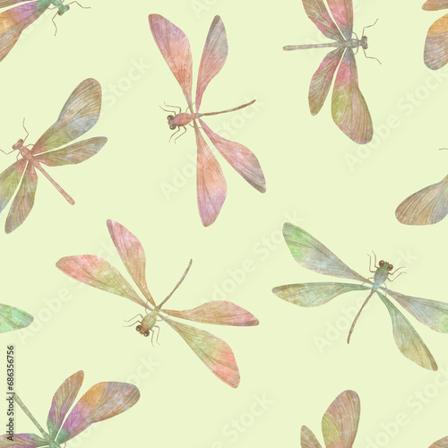 delicate dragonflies drawn in watercolor on a light green background  seamless pattern for wrapping paper design
