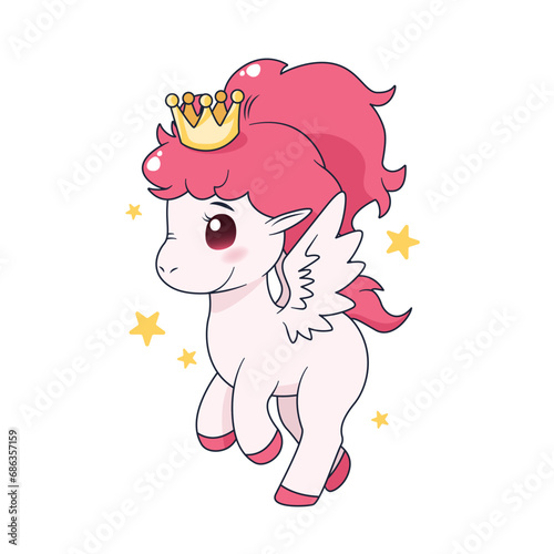 isolated cartoon pony with crown and stars.