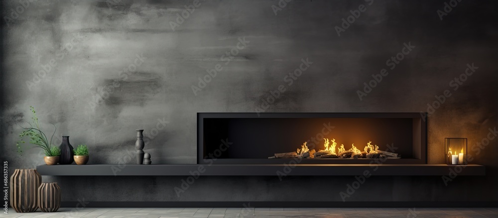 concept for black fireplace furniture design with a concrete wall and light effect suitable for home and office spaces