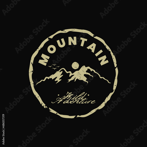 vintage retro classic rustic hipster of sun sunrise sunset mountain hill peak rocky ice top mount landscape nature view silhouette with circle rounded shield label stamp badge emblem patch logo design