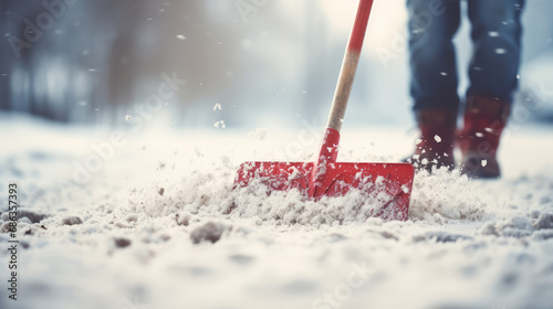 Closeup of person removing snow outside in winter, clearing the adjacent territory from snow, maintenance of road of a private house, snow removal with a shovel.