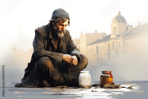 Print op canvas illustration of a homeless beggar sitting on the street and begging for money