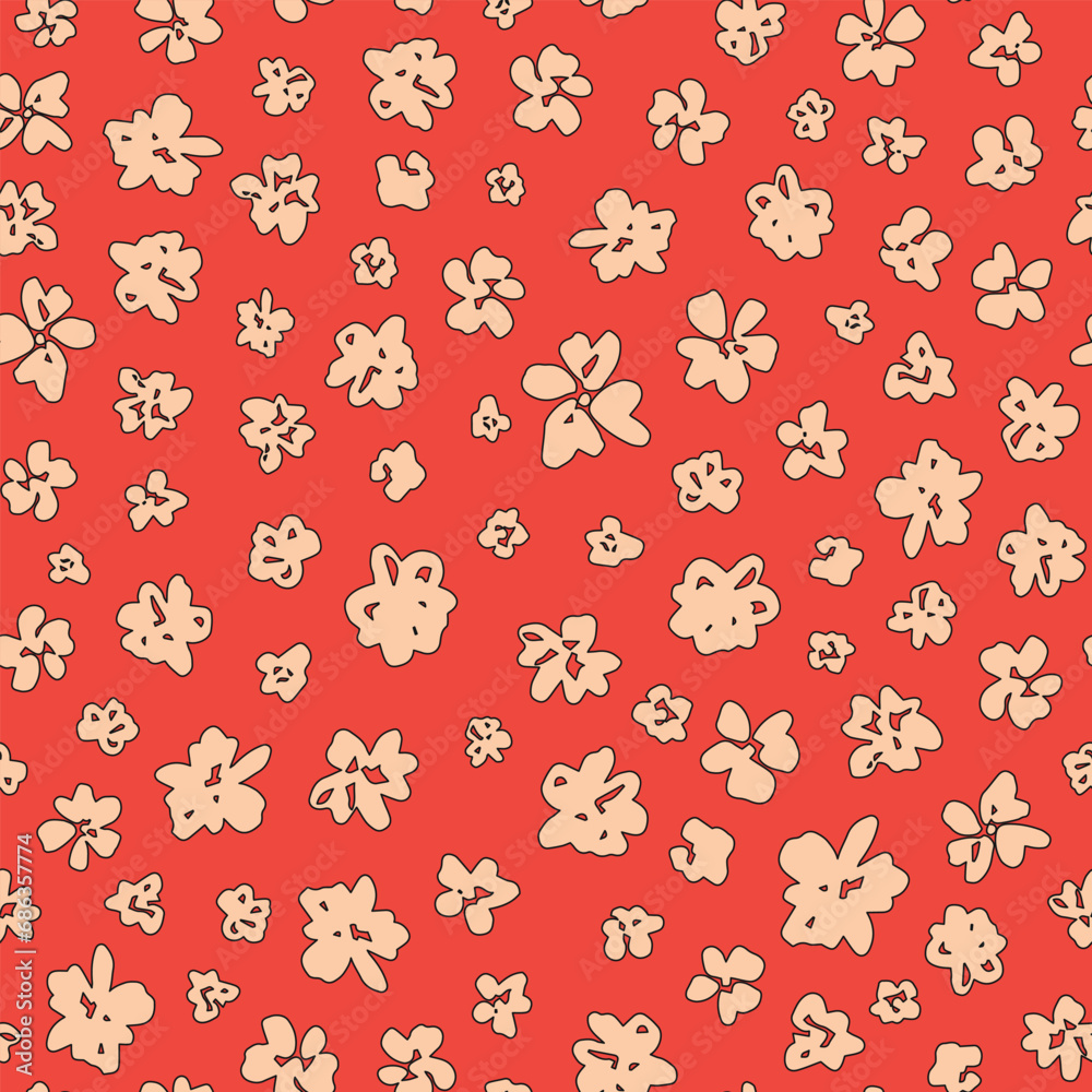 Abstract flower head seamless repeat pattern. Random placed, vector botany with outlines all over surface print on orange background. Abstract flower head seamless repeat pattern. Random placed, vector botany with outlines all over surface print on orange background.