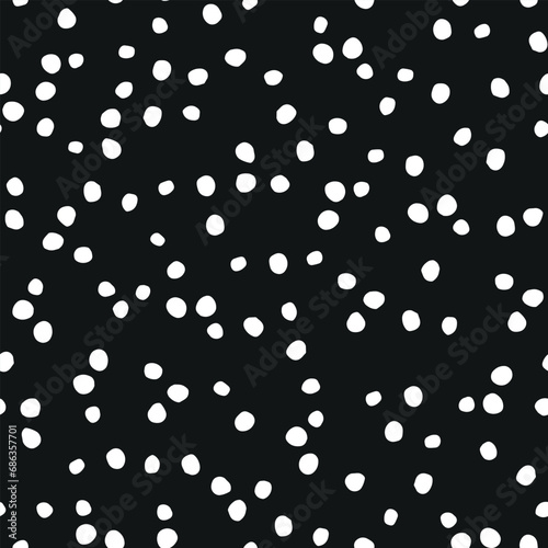 Monochrome irregular polka dot seamless repeat pattern. Random placed, vector geometric shapes minimal all over surface print in black and white.
