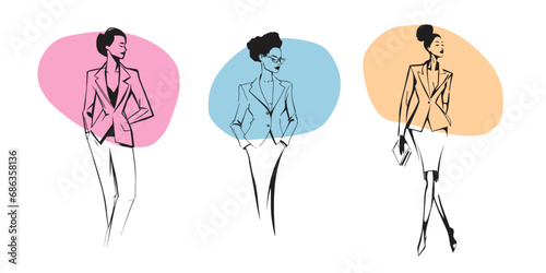Line art drawing set of black business women. Fashion illustration. Sketch style.