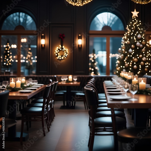 Christmas or New Year interior of a restaurant with table settings and decorated fir tree © Edalin