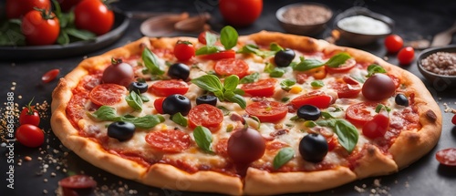 Pizza with tomatoes, olives and basil on a dark background