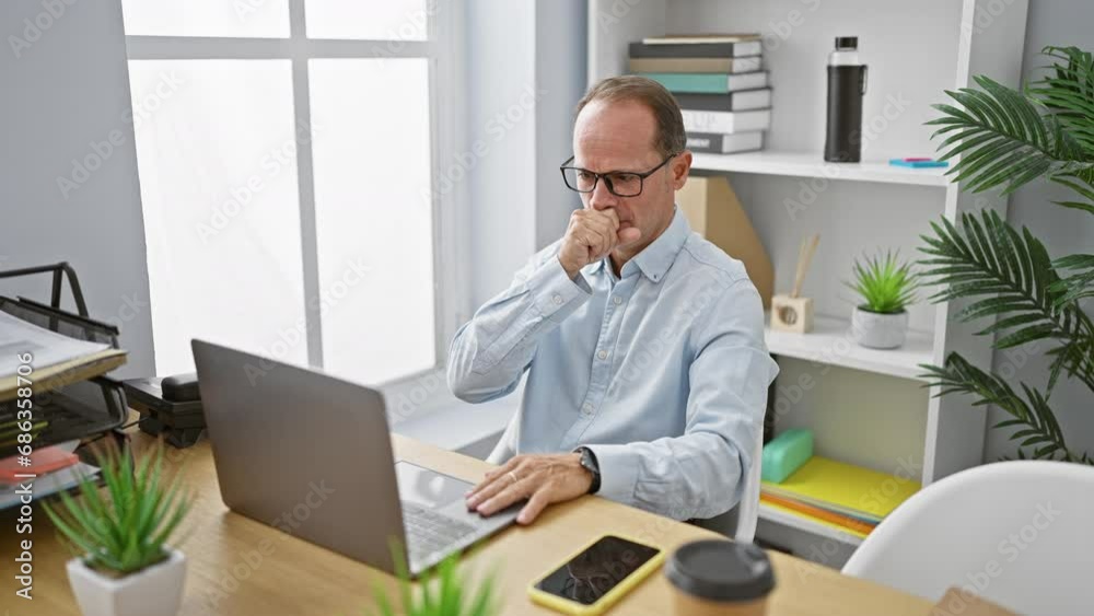 Concerned middle age man coughing; hard-working business man fights illness at office, fearless and focused, using his trusted laptop Concerned middle age man coughing; hard-working business man fights illness at office, fearless and focused, using his trusted laptop
