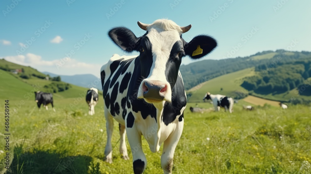 A black and white cow stands alone in a green field. AI generated.