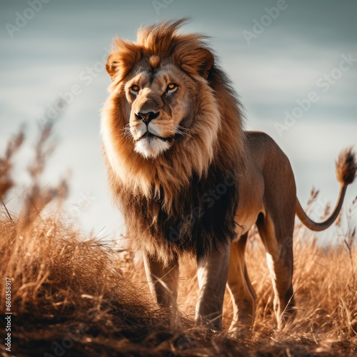 Single lion looking regal standing proudly on a small hill. AI generated.
