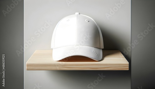 White blank baseball hat on wooden shelf mock up, product photo background, template photo