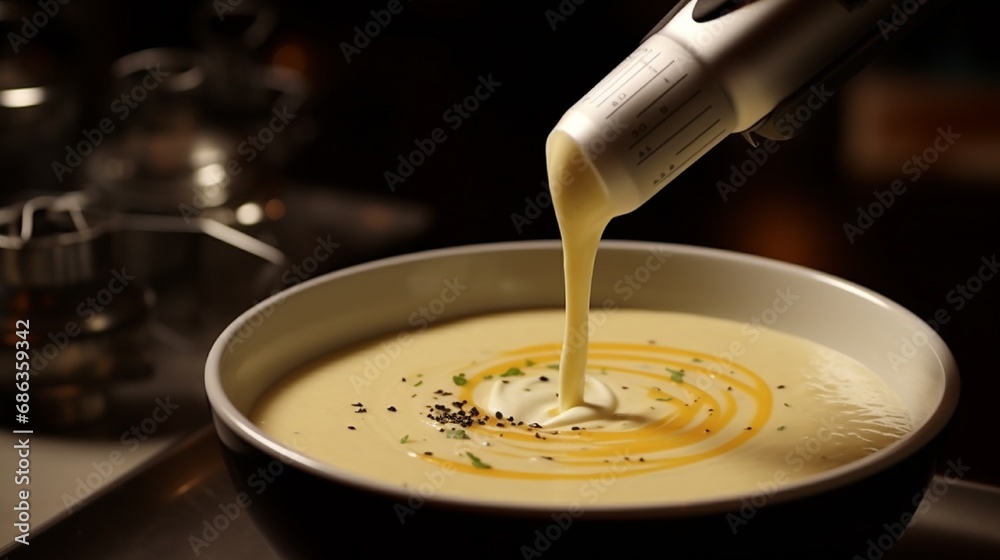 A powerful immersion blender pureeing a creamy soup. - obrazy, fototapety, plakaty 