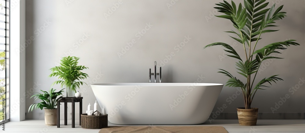 Fototapeta premium Green plants and white wall complement modern ceramic bathtub in room