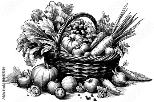 Wallpaper Mural Basket with vegetables and fruits. Tomatoes, cucumbers, apples, carrots, pumpkin Torontodigital.ca