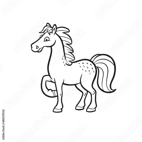 horse isolated on white  Carton horse  black and white illustration  and coloring page on a white background. line drawing style