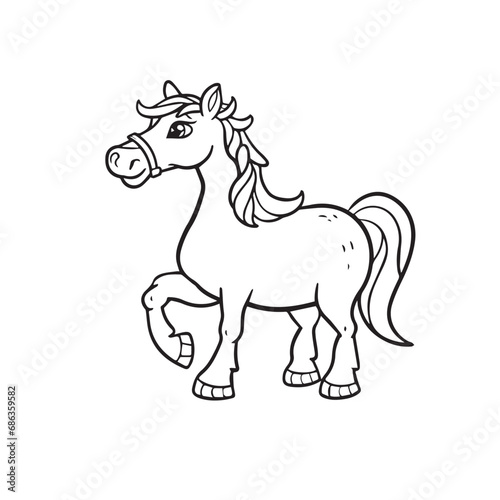 horse isolated on white  Carton horse  black and white illustration  and coloring page on a white background. line drawing style