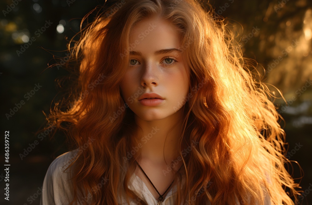 Fototapeta premium Portrait of a young woman with long hair at sunset