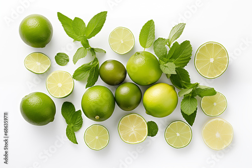 Lemon fruit and mint leaves on white background.