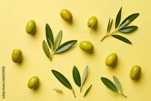 Canned green olives and olive leaves on a background color of olives.