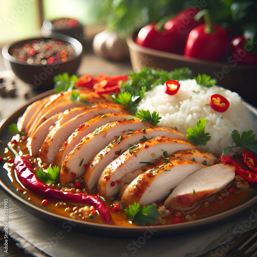 Baked turkey meat in spicy chilli pepper sauce and rice. Served with fresh red pepper and parsley, on table with window on background.