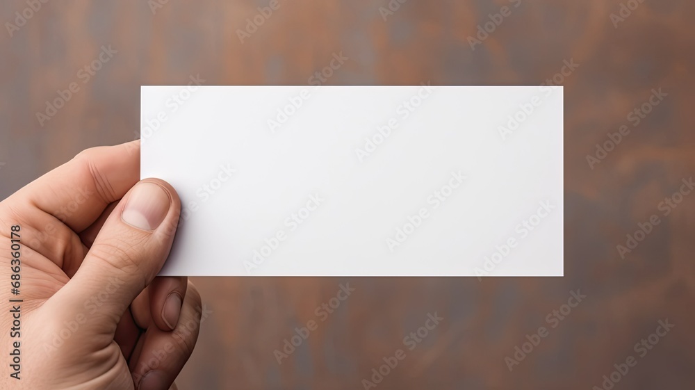 a man's hand holding a blank, simple white business card design mockup, the absence of text and the potential for business branding against a light background. a man's hand holding a blank, simple white business card design mockup, the absence of text and the potential for business branding against a light background.