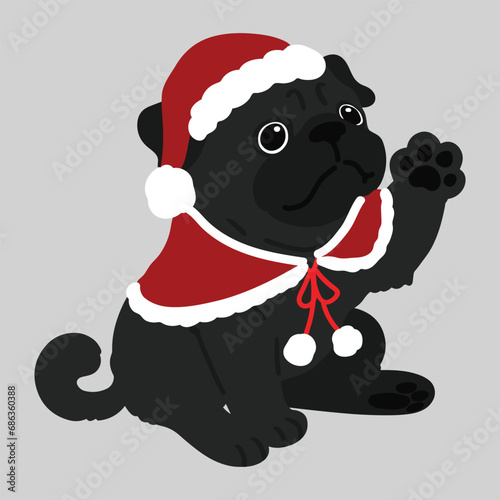 Simple and cute Christmas illustration of black Pug waving hand