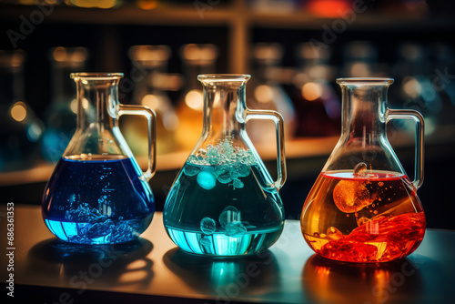 Colorful Laboratory Glassware with Chemical Reactions