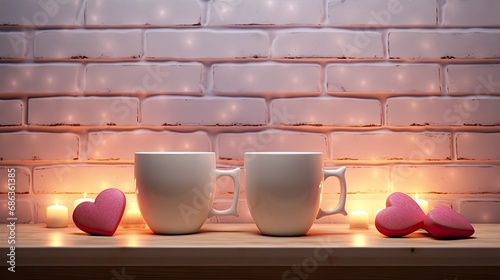 the Valentine's Day concept, Feature hearts and two cups arranged artfully on a white bricks background, a warm and romantic ambiance with soft lighting to enhance the emotional appeal.