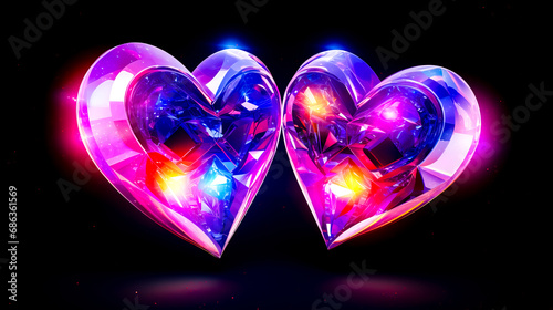 Two shiny hearts with colorful lights in the middle of the heart, on dark background.