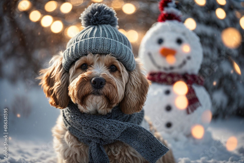 Cute cockapoo doodle dog wearing wooly hat and scarf posing for a photograph in front of a snowman.