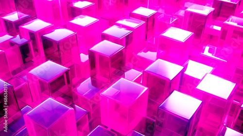Bunch of pink cubes that are in the middle of room.