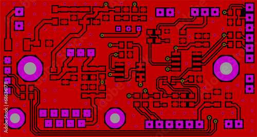 Electric background. Vector pcb pattern. 
Printed circuit board of an electronic 
device with
conductors and contact pads placed on it. 
Engineering drawing.