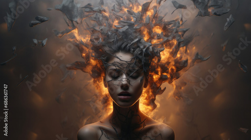 Surreal image of a woman with a fiery crown and leaves, depicting a fierce force
